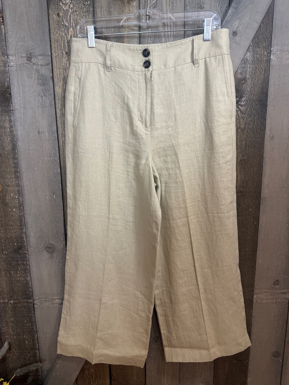 Boden 100% Linen Cropped Wide Leg Pants Tan Neutral High Rise Double Button US 8